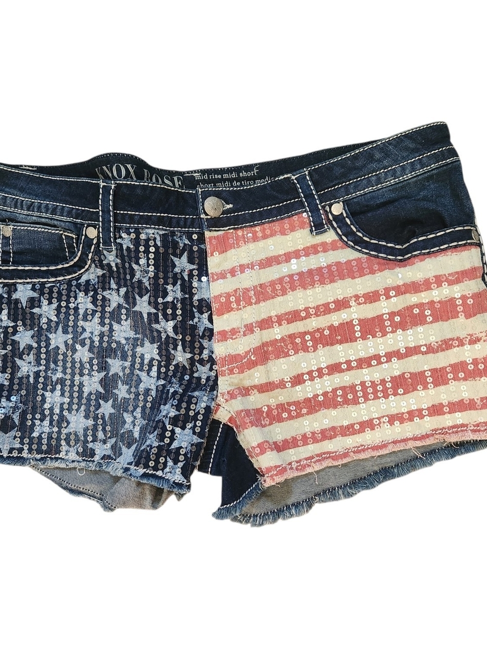 Knox Rose Mid Rise American Flag Sequin Denim Shorts Womens SZ 18 Stretch